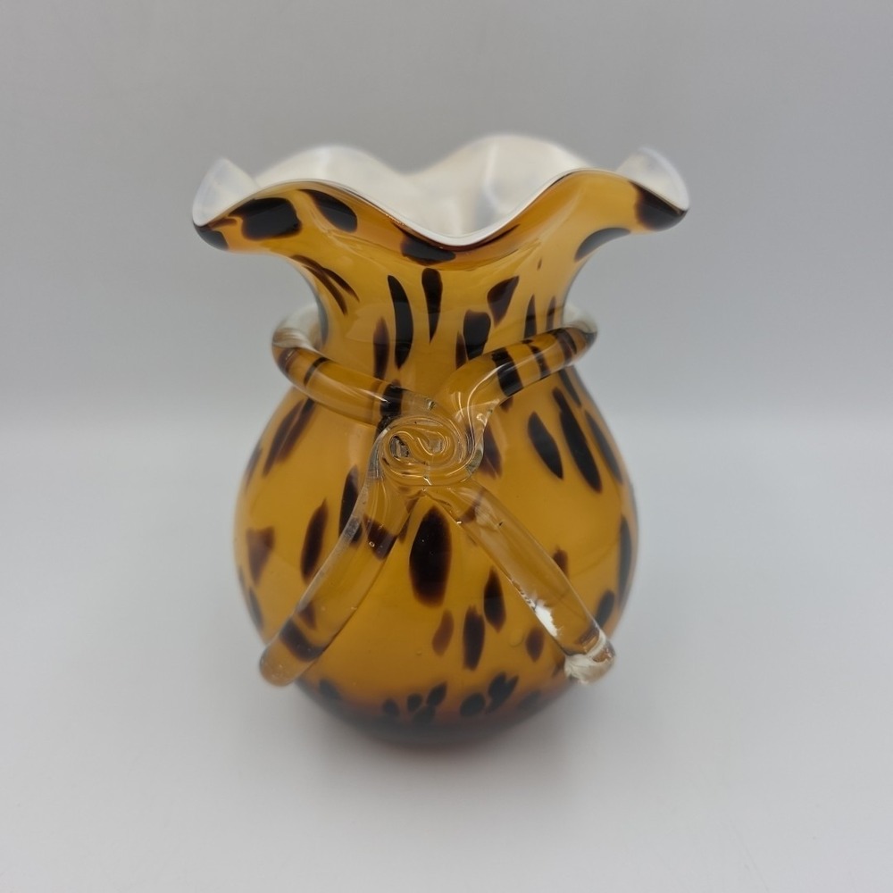 MODERN ART GLASS VASE 6" MUSTARD COLOR, BROWN SPOTS CLEAR GLASS KNOT